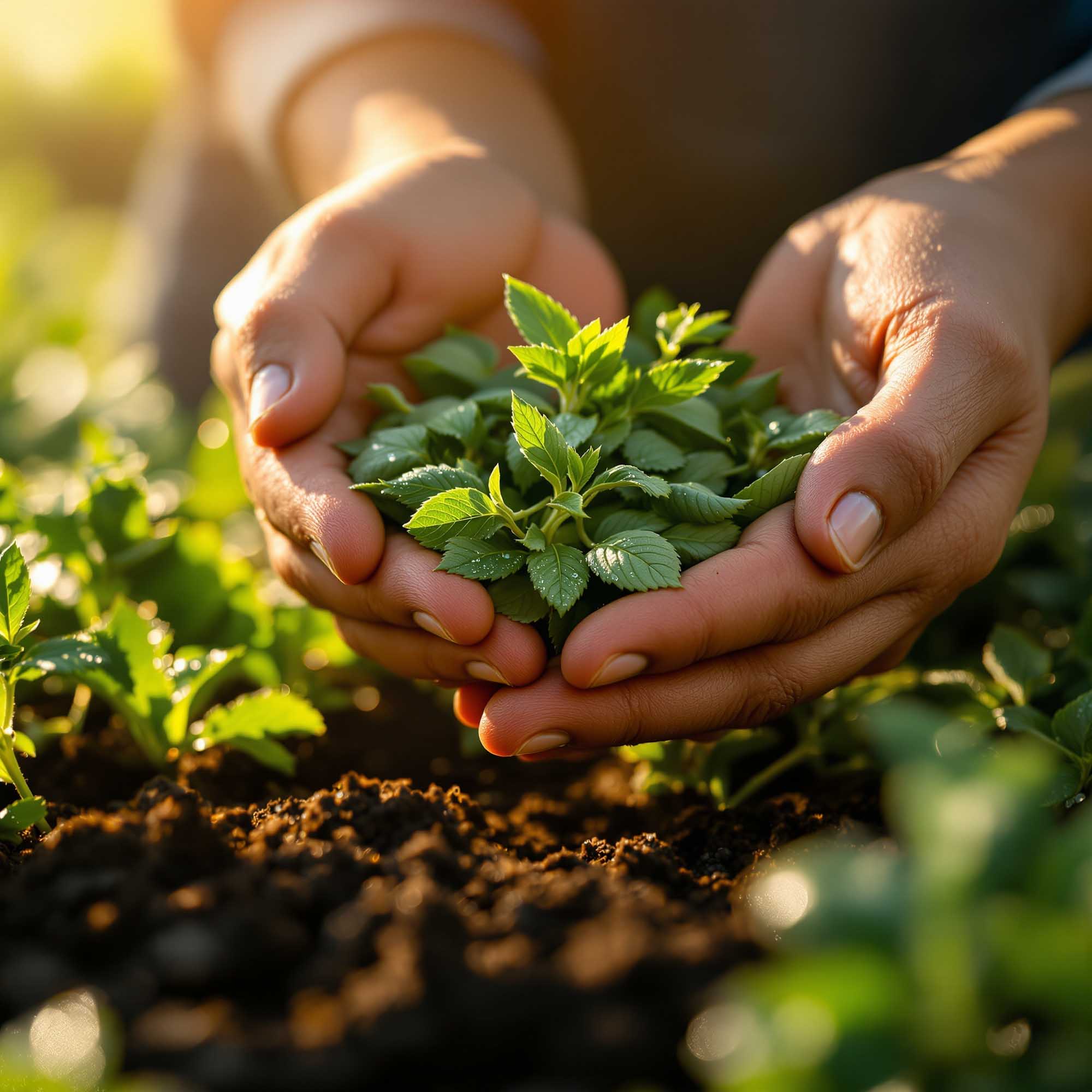 Qualität - Hände halten Minzblätter